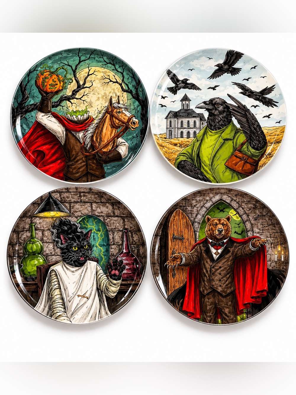 West Elm Dapper Animal Halloween Salad Plates Set of 4 - Picture 2 of 8